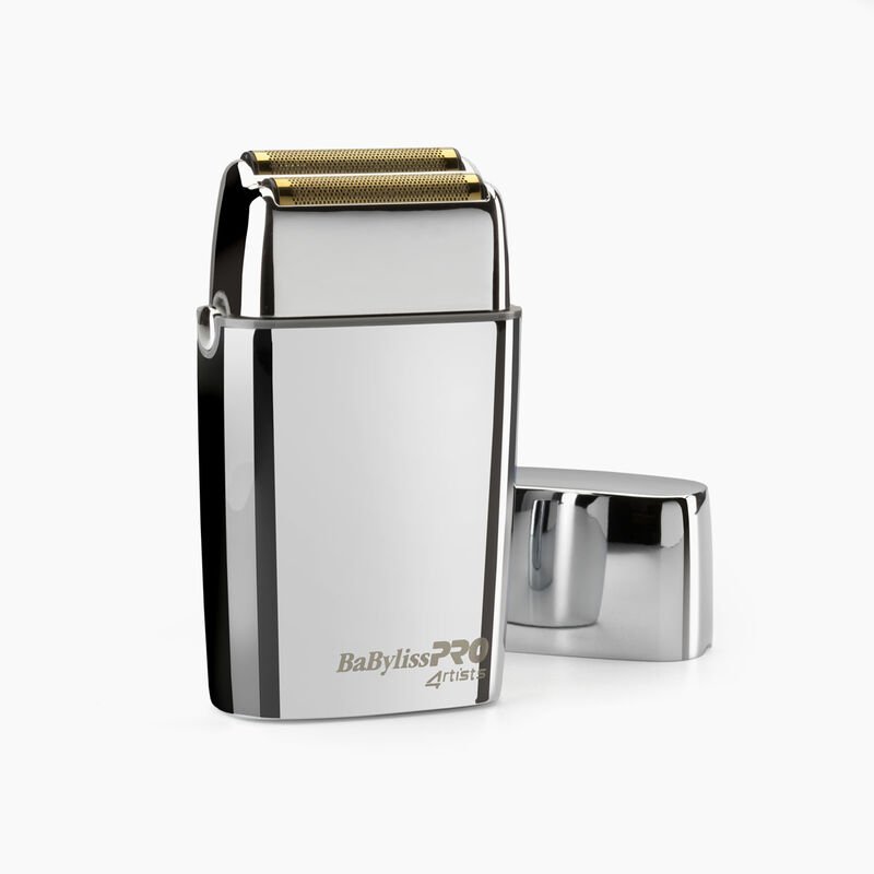 Babyliss Pro 4Artist Double Foil Metal Shaver Silver FXFS2E - HairShopXHairShopXHairShopX10003030050152456Babyliss Pro 4Artist Double Foil Metal Shaver Silver FXFS2E on a white background, showcasing its sleek design.