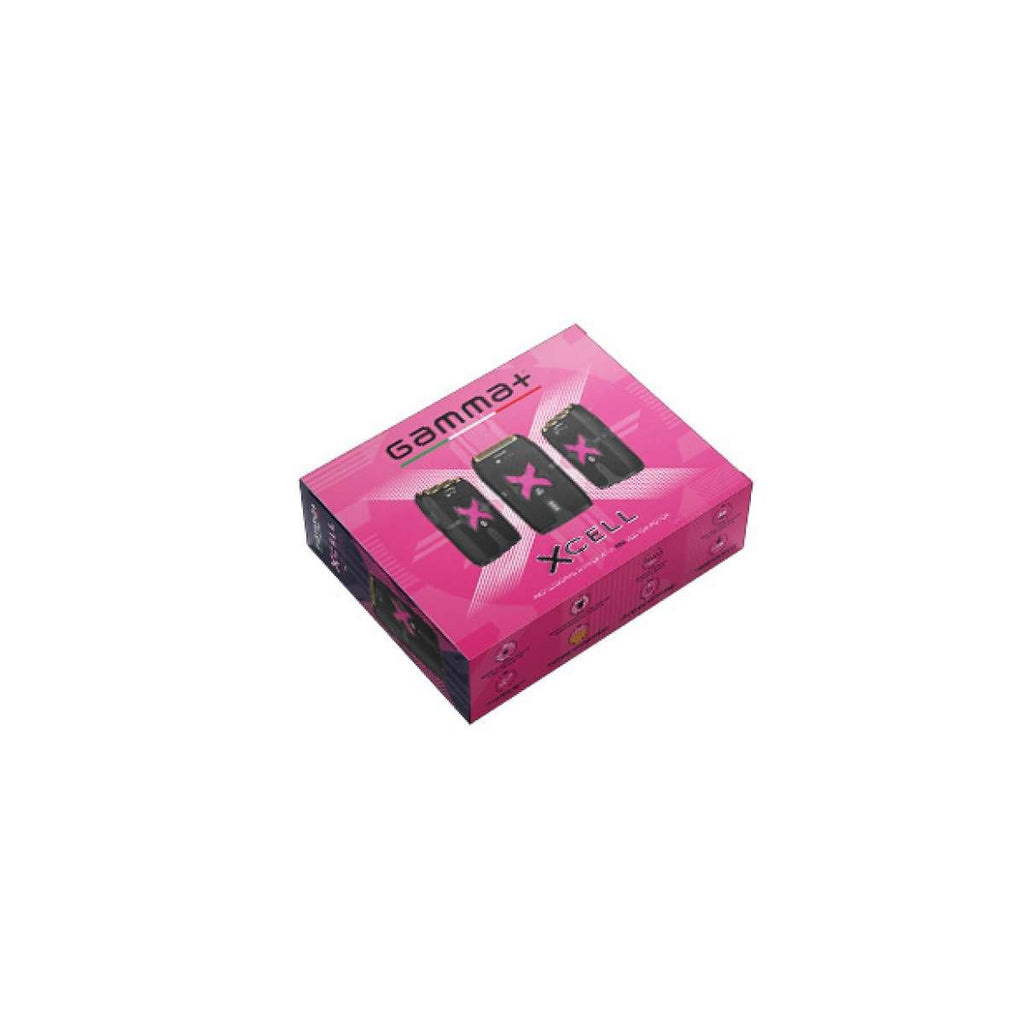 GAMMA + Xcell Shaver - HairShopXHairShopXHairShopX11111111111122222222222222222GAMMA + Xcell Shaver packaging featuring three shaver heads on a vibrant pink background.